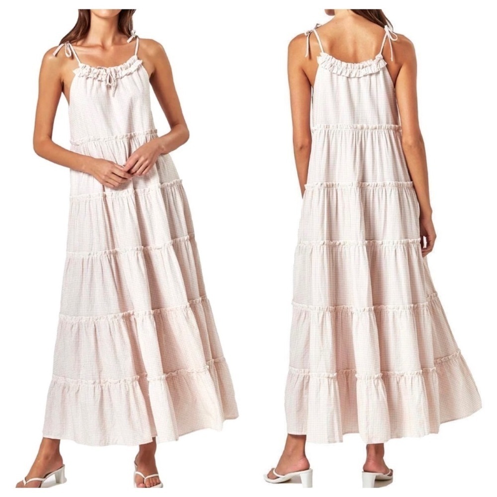 Charlie Holiday Beige & White Gingham Senorita Maxi Dress- NWT